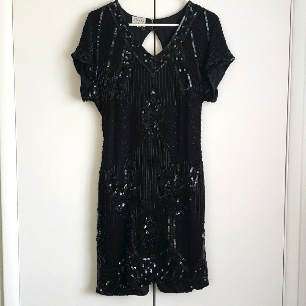 80s Vintage Silk Sequin Black Cocktail Dress Sz 12P